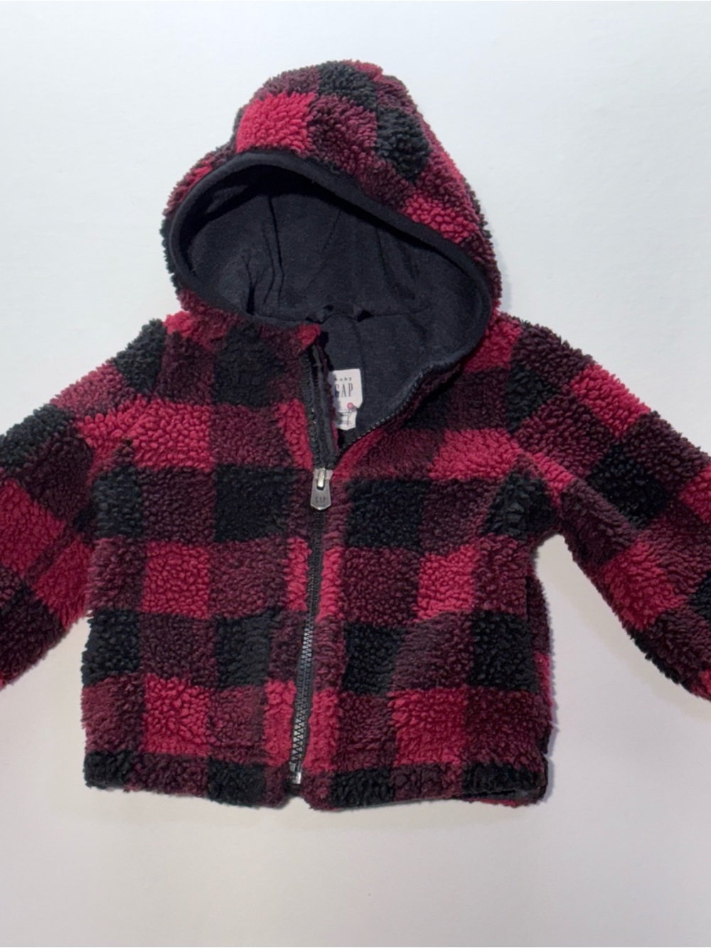 GAP Kids Hooded Sherpa Jacket - Red & Black Plaid